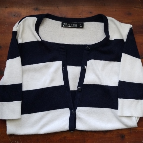NY&CO Short Sleeve Navy and White Striped Cardigan - Picture 1 of 7
